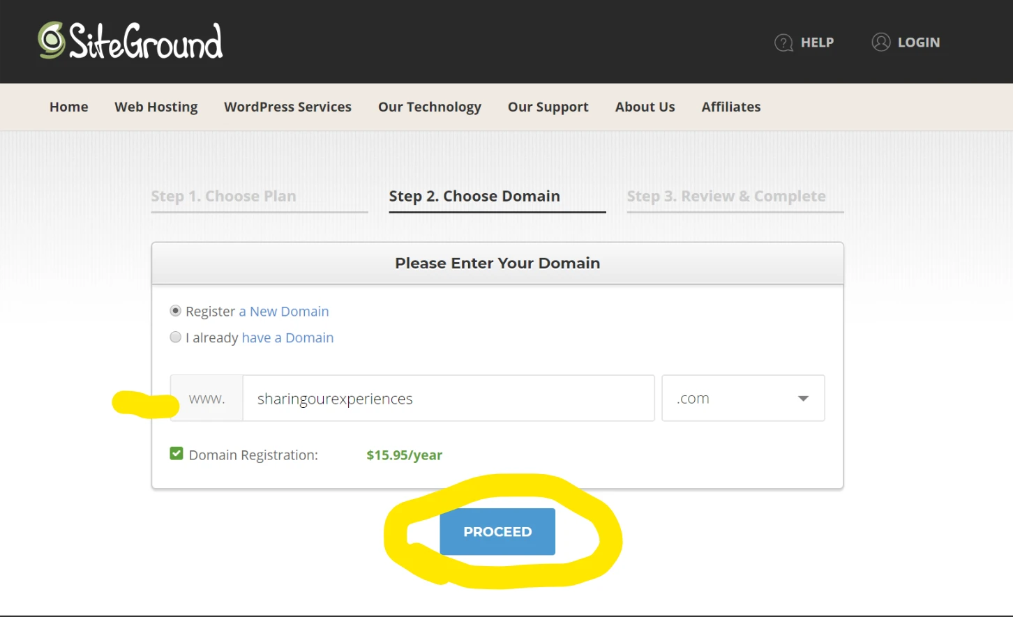 How to start a WordPress Blog using Siteground - choose a domain
